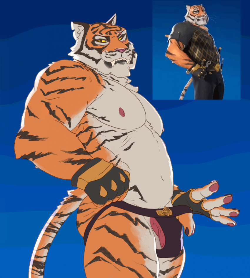 anthro black_stripes citrine_lion clothed clothing clothing_aside epic_games fangs felid fingerless_gloves fortnite fur genitals gloves handwear hi_res jockstrap jockstrap_aside jockstrap_only looking_at_viewer male male_only mammal mostly_nude musclegut muscular muscular_anthro muscular_male navel nipples orange_body orange_fur oscar_(fortnite) pantherine pecs penis solo stripes tail teeth tiger topless tufted_ears tufted_fur underwear underwear_aside underwear_only vein veiny_penis white_body white_fur yellow_sclera