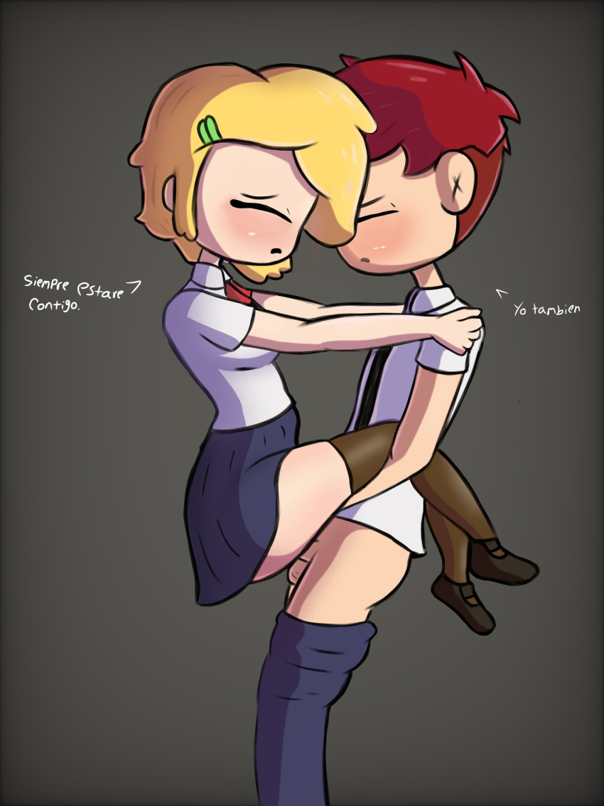 1boy 1girls aiden_fox_(fnafhs) alternate_version_available ann_chica_(fnafhs) artist_request blush carrying_position chica_(fnafhs) female fnafhs foxy_(fnafhs) male spanish_text text