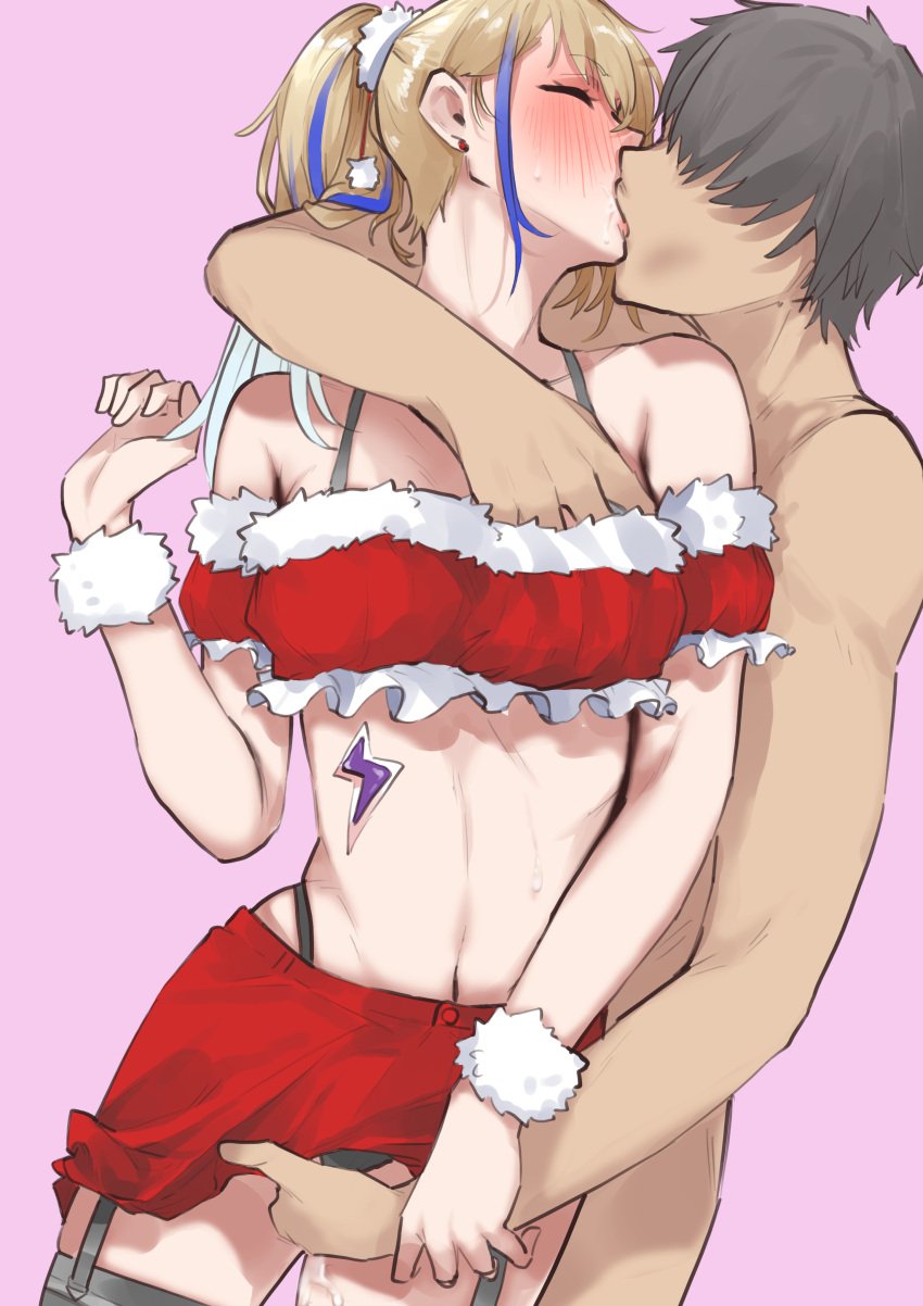 1boy 1girls absurdres bare_shoulders blonde_hair blush caelus_(honkai:_star_rail) christmas commentary_request crop_top crotch_grab earrings female female_focus grabbing grabbing_another's_breast grey_hair highres honkai:_star_rail honkai_(series) hoyoverse jewelry kissing light-skinned_female light-skinned_male light_skin long_hair mihoyo multicolored_hair pink_background red_skirt serval_landau shion1350 skirt streaked_hair