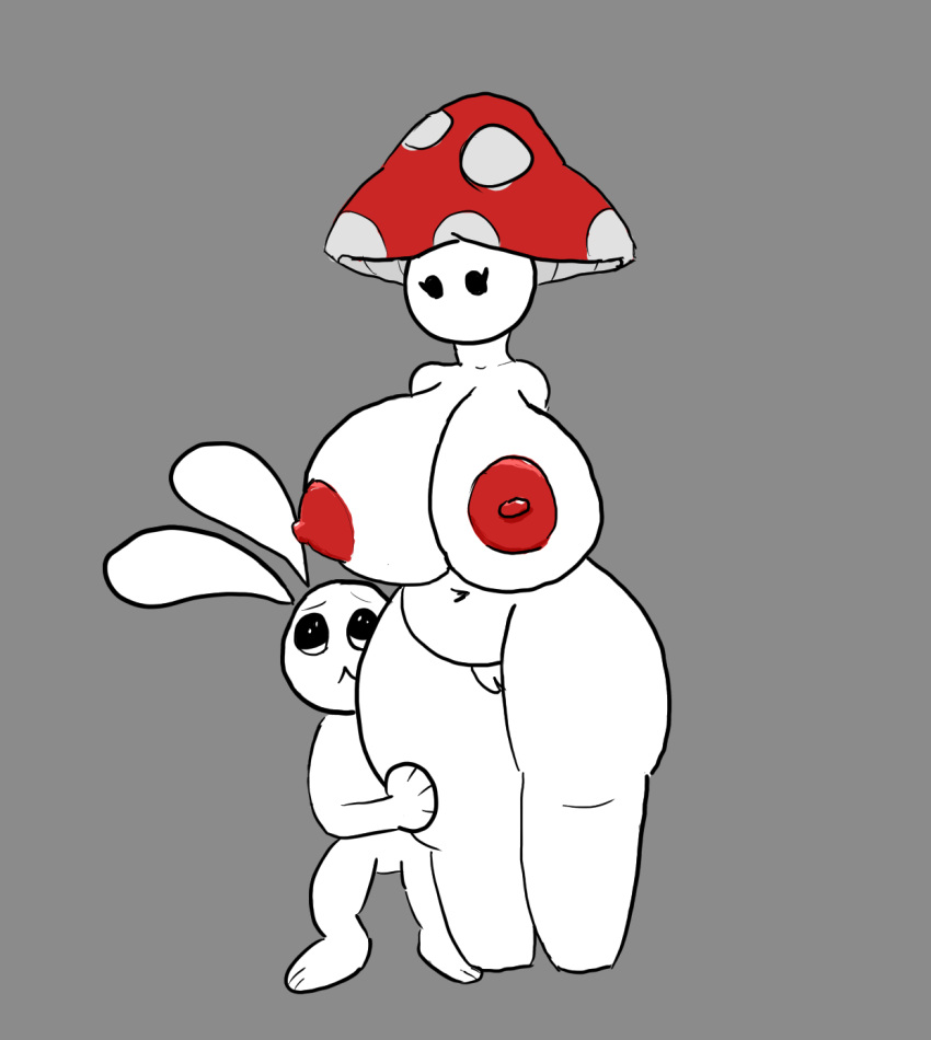 anthro armless ass big_breasts big_butt breasts duo elemental_creature elemental_humanoid female floating_ears fungi_fauna fungi_humanoid fungus hi_res huge_breasts huge_butt humanoid lagomorph leg_hug leporid male male/female mammal mimi_(teztaz) mommy_kink mushroom mushroom_humanoid mushy_(teztaz) nude rabbit shorter_male teztaz