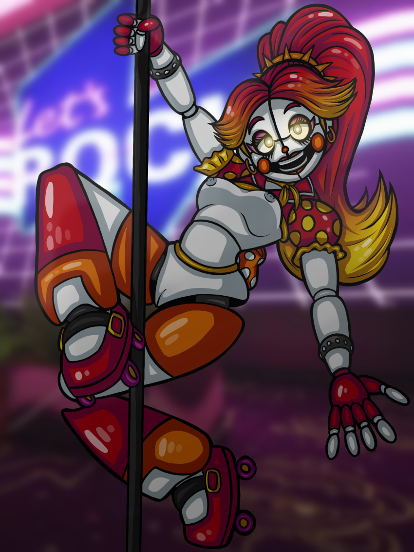 1girls animatronic animatronic_female artist_request clown_girl colorful_hair earrings female female_only five_nights_at_freddy's five_nights_at_freddy's:_security_breach five_nights_at_freddy's:_sister_location glamrock_baby looking_at_viewer makeup naked naked_female no_bra no_panties no_underwear pole pole_dancing pussy red_hair robot robot_girl roller_skates seductive tagme yellow_eyes