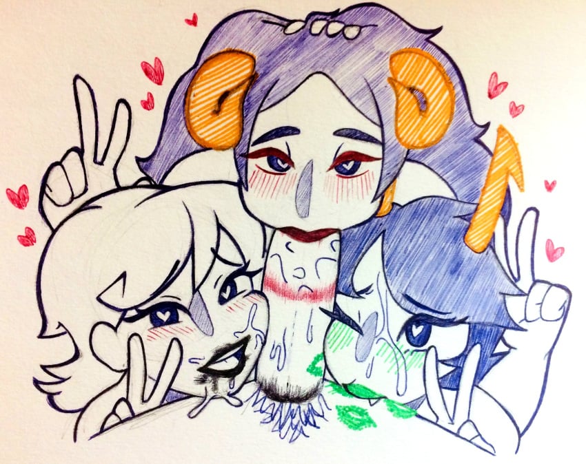 aradia_megido blush cum_on_face hand_on_head heart heart-shaped_pupils homestuck kanaya_maryam kiss_mark lipstick_ring peace_sign redskinnedmess roxy_lalonde troll