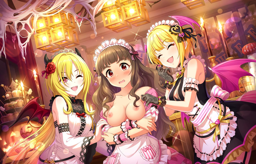 ^_^ annindoufu_(oicon) assisted_exposure blonde_hair blush breasts breasts_out brown_hair cake candle closed_eyes devil food gloves halloween happy headdress headwear_request heart highres horns idolmaster idolmaster_cinderella_girls kamiya_nao kurosaki_chitose long_hair maid medium_breasts miyamoto_frederica nail_polish nipples no_bra nude_filter oerba_yun_fang one_eye_closed pink_eyes red_eyes ribbon short_hair shy thighhighs third-party_edit topless wings wink