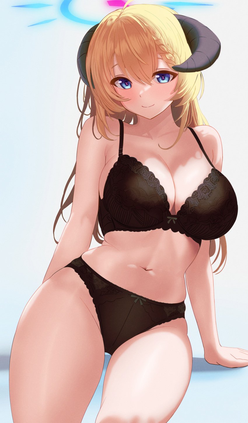 1girls akari_(blue_archive) big_breasts black_bra black_panties blonde_hair blue_archive blue_eyes bottomwear bra breasts cleavage female female_only hair halo horns huge_breasts lace lace-trimmed_bra lace-trimmed_panties lace_trim lingerie long_hair ni_tamago_sando panties smile solo solo_female thighs topwear x-shaped_pupils