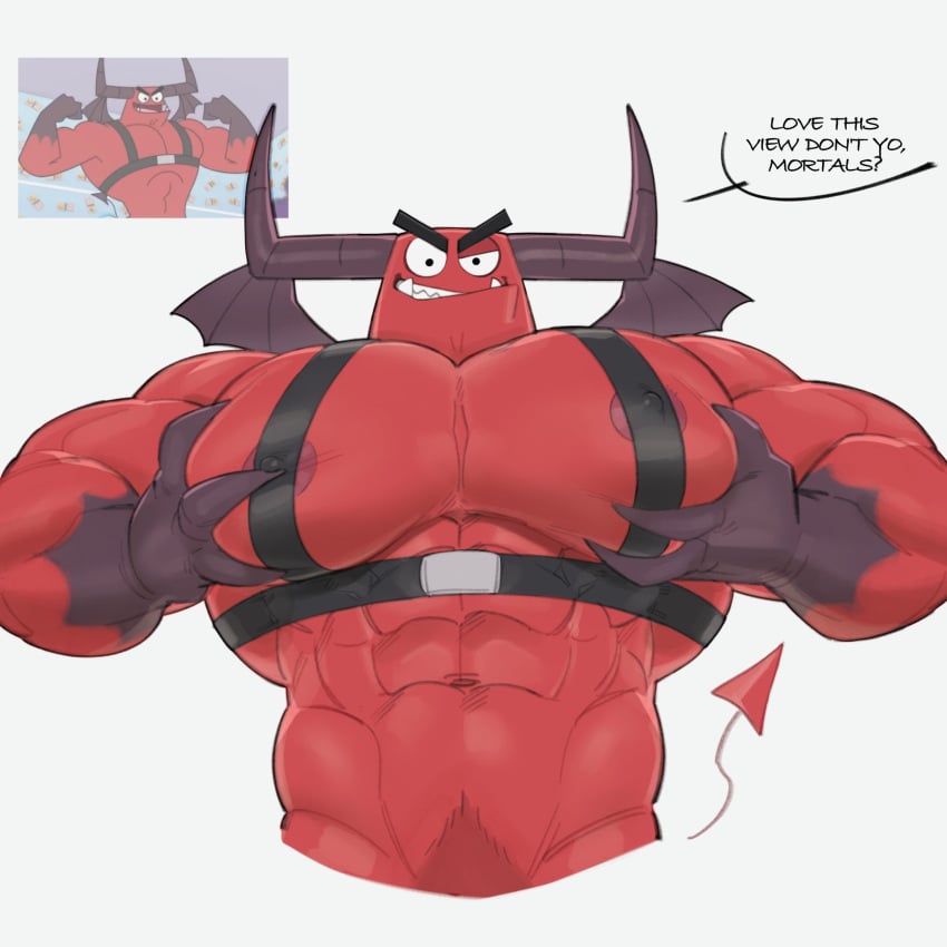 1boy abs bara big_pecs black_text demon demon_(rat_snacks) devil_tail fishingmanmax harness horn horns male male_only male_pubic_hair muscles muscular muscular_anthro muscular_male nipples nipples_visible_through_clothing pec_grab pecs pectorals plain_background pubic_hair rat_snacks red_body red_skin sharp_teeth simple_background solo solo_focus solo_male speech speech_bubble text white_background wings