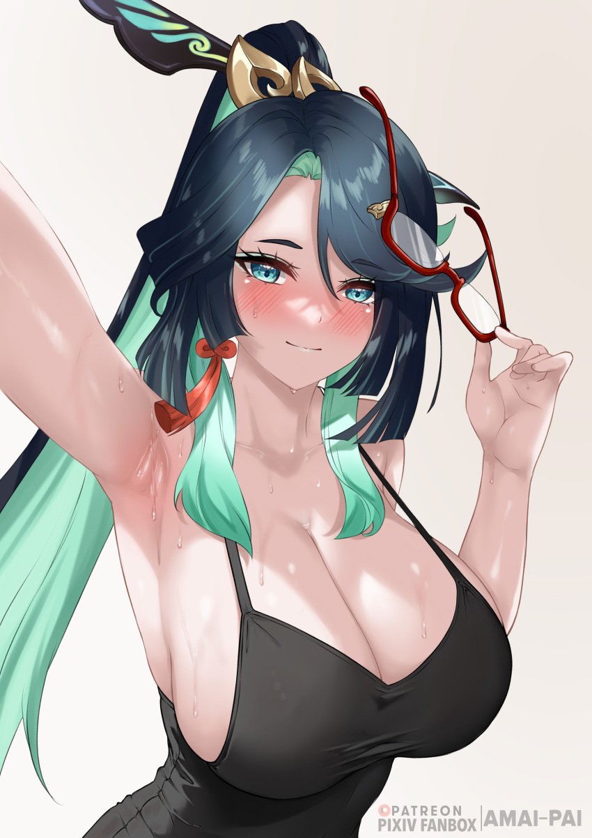 1girls 2023 amai-pai arm_up armpit armpit_focus armpits blush closed_mouth female female_only genshin_impact glasses large_breasts light-skinned_female looking_at_viewer mature_female multicolored_hair smile sweat sweatdrop sweaty sweaty_armpit teal_eyes xianyun_(genshin_impact)