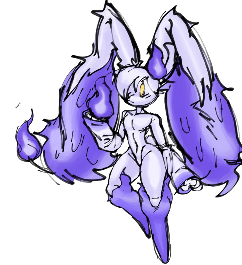 2023 :< ambiguous_gender anthro belly belly_button big_ears blush blush_lines bunny_ears bunny_tail chest curvaceous curvy curvy_figure exposed_chest fire furry game_freak hair_over_one_eye lagomorph litpunny litwick long_arms long_ears lopunny melting nintendo one_leg_bent pokemon pokemon_(species) pokemon_fusion pokemon_infinite_fusion purple_body purple_fire sleeves slim solls0ll thick_thighs thighs wax wax_girl white_background white_body yellow_eyes