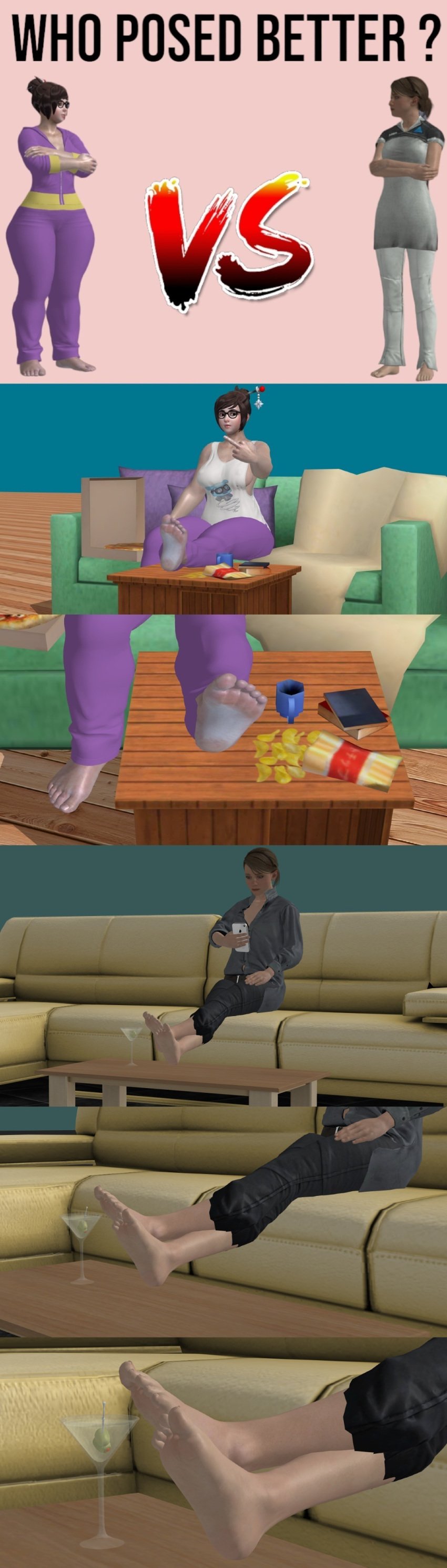 3d 3d_model android big_feet body_difference chubby chubby_female comparing comparison contest couch detroit:_become_human eating eyewear fat_girl fat_vs_skinny feet feet_on_table feet_together foot_fetish foot_focus glasses iphone kara_(detroit:_become_human) legs martini mei_(overwatch) middle_finger overwatch overwatch_2 phone pizza posing potato_chips robot_girl skinny skinny_girl small_feet soles table toenails toes xnalara