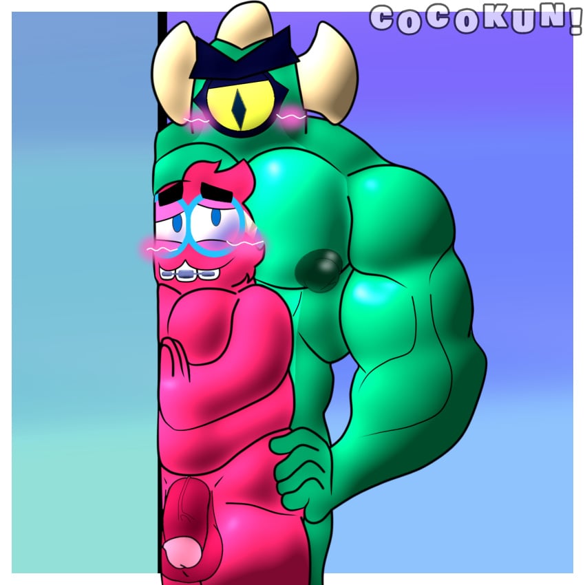 2boys 5_fingers balls brawl_stars cocokun! dick gay gay_domination gay_sex glasses green_body male/male male_only male_penetrated male_penetrating monster muscle penis red_fur snake squeak_(brawl_stars) stu_(brawl_stars)