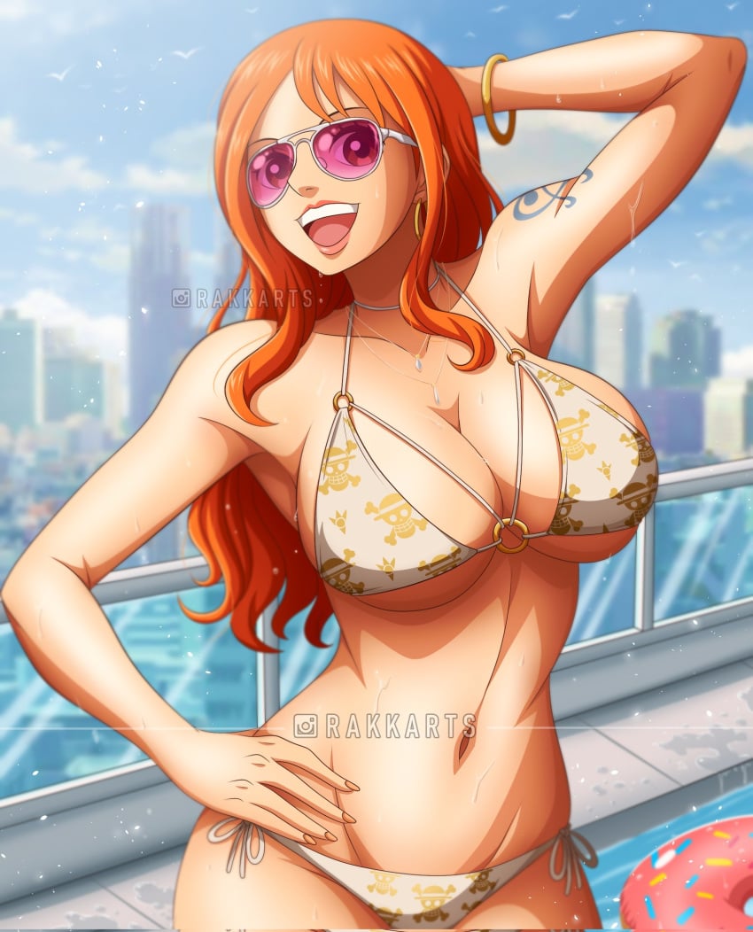 1girls arm_up belly_button big_breasts bikini bracelet breasts busty city city_background cosplay curvy curvy_female female female_only grand_theft_auto grand_theft_auto_vi hand_on_head hand_on_hip hand_on_own_head hand_on_own_hip hi_res huge_breasts instagram_username large_breasts light-skinned_female light_skin long_fingernails long_hair looking_at_viewer midriff nami nami_(one_piece) navel one_piece open_mouth orange_hair pink-tinted_eyewear pool pool_party_girl_(gta_vi) post-timeskip rakara11 smile solo sunglasses swimsuit tattoo tinted_eyewear upper_body watermark