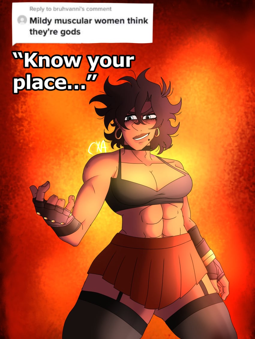 abs absolute_territory blue_eyes brown_hair brown_skin choker chromexorannex cleavage coco_joestar crop_top earrings know_your_place meme mildly_muscular_woman mole muscular_female oc original_character ourobouro skirt smiling_at_viewer social_media thighhighs toned_female