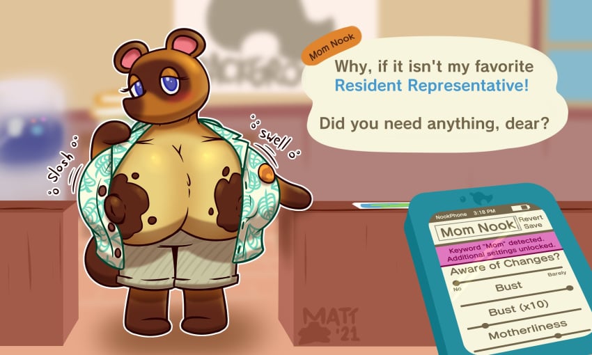 1girls animal_crossing app areolae big_butt blue_eyes blush bra breast_expansion breasts breasts_out brown_fur chocolate_on_breasts female female_only furry huge_breasts large_breasts looking_at_viewer mattthetooncat milf nintendo nipple_slip oblivious onomatopoeia phone pov reality_warping rule_63 sloshing_breasts tagme talking_to_viewer tanuki text text_bubble tom_nook unaware unbuttoned_shirt