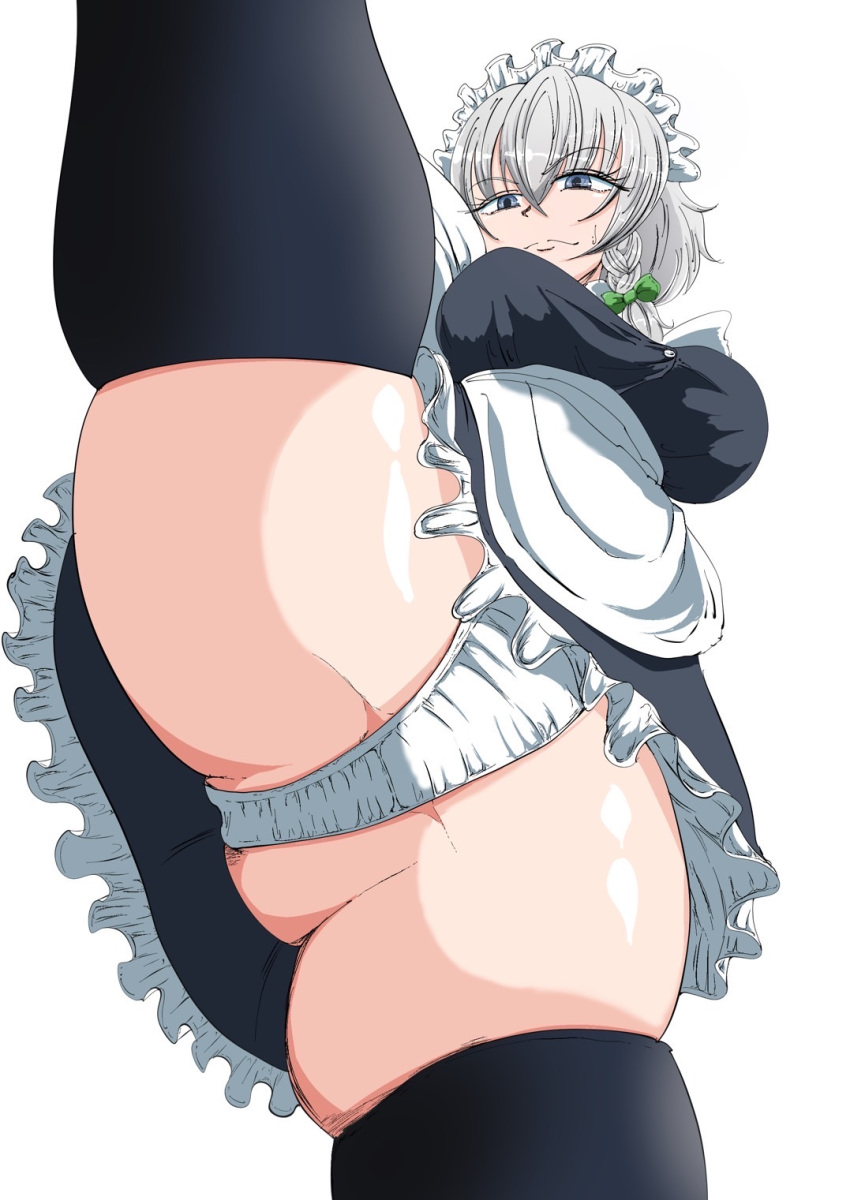 1girls 2d 321dawndawn apron blue_eyes breasts female female_focus from_below hips leg_up maid maid_headdress maid_uniform one_leg_up panties puffy_short_sleeves sakuya_izayoi short_hair short_sleeves silver_hair simple_background solid_color_background source standing thighhighs thighs tied_hair touhou upward_angle_between_legs white_background white_hair