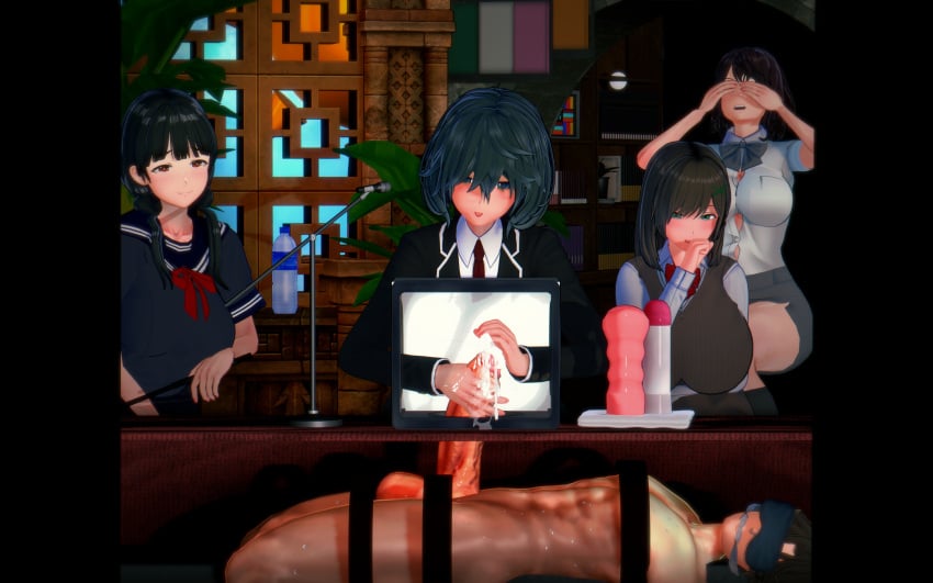 3d 3d_(artwork) 4girls blindfold bondage bound bound_arms bound_legs busty_female cumming excessive_cum femdom gag glans_stimulation glass_box grinning handjob koikatsu laughing male mocking muffled multiple_girls original schoolgirl schoolgirls smug teasing