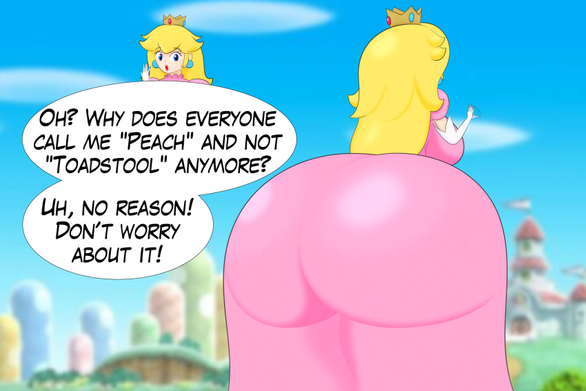 1girls 2023 ass_bigger_than_head ass_focus backboob big_breasts breasts bubble_butt clothed dumptruck_ass female female_only huge_ass hyper_ass mario_(series) nintendo outdoors princess_peach super_mario_bros. thick_thighs valenthighs wide_hips