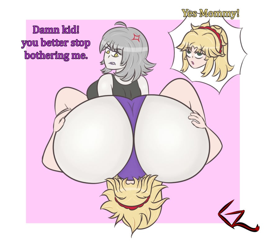 2girls anger_vein angry ass ass_grab big_ass big_butt breasts clothed clothing dialogue duo fate/grand_order fate_(series) female fully_clothed ghagalaz grey_skin huge_ass huge_breasts human jeanne_alter jeanne_d'arc_(alter)_(fate) jeanne_d'arc_(fate)_(all) light_skin milf mordred_(fate) penis sitting_on_face sitting_on_person stepmother text thick_thighs wide_hips