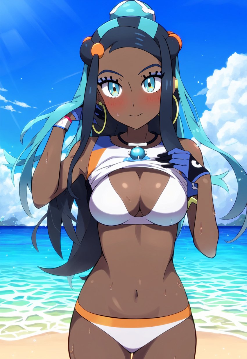 1girls ai_generated aqua_hair armlet beach belly_chain bikini black_hair blue_eyes blue_hair blush breasts cleavage closed_mouth cloud cowboy_shot dark_skin day earrings female gloves gym_leader hair_bun hoop_earrings jewelry long_hair looking_at_viewer makeup medium_breasts multicolored_hair navel necklace nessa_(pokemon) nintendo ocean outdoors partly_fingerless_gloves pokemon pokemon_ss shirt_lift single_glove sky smile solo sportswear standing swimsuit tank_top two-tone_hair water wet white_bikini