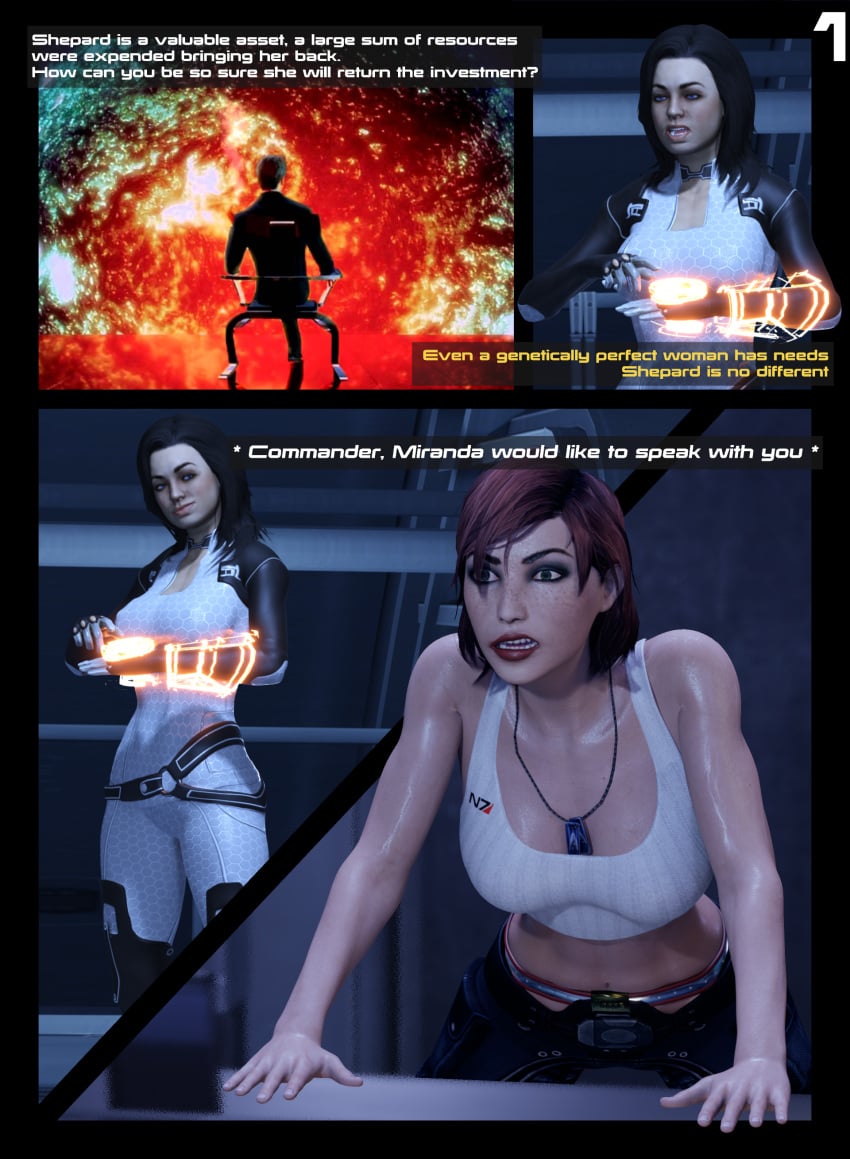 2girls 3d 3d_(artwork) blender chastity_belt comic comic_page commander_shepard english_text female female_chastity femshep kkyr mass_effect miranda_lawson page_1 potatofire777 red_hair tagme