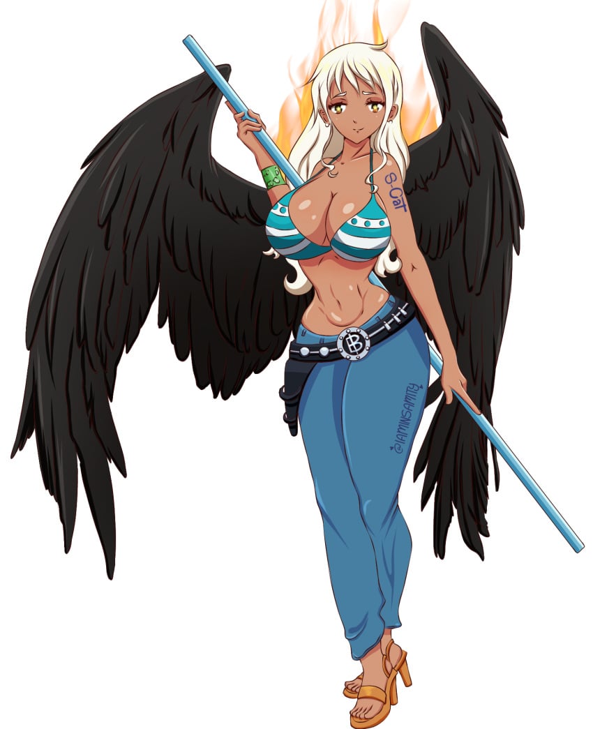 1girls alternate_hair_color alternate_skin_color alternate_species alternate_tattoo black_wings breasts dark-skinned_female dark_skin earrings female female_focus female_only female_solo fire flame iaminsamity lunarian nami nami_(one_piece) one_piece post-timeskip robotization seraphim_(one_piece) simple_background solo solo_female solo_focus species_transformation star-shaped_pupils weapon white_hair wings