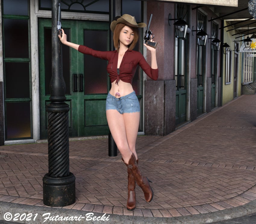 1futa 2021 3d ball_bulge balls balls_under_clothes boots brown_hair cameltail clothed clothing cowgirl cowgirl_outfit dickgirl dual_wielding erect_penis erection erection_under_clothes futa_only futanari futanaribecki high_heel_boots high_heels holding_gun intersex jean_shorts light_brown_hair looking_at_viewer original original_character outdoor outdoor_nudity outdoors outside penis penis_out penis_under_clothes slushe_(website) solo solo_futa standing tenting wide_hips