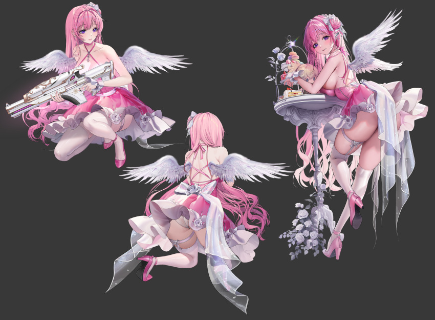 1girls angel_wings big_breasts breasts cake dorothy_(nikke) dress goddess_of_victory:_nikke gray_background gun heels large_breasts long_hair multiple_poses multiple_views official_art pink_dress pink_hair purple_eyes sideboob sprite thighhighs thighs weapon