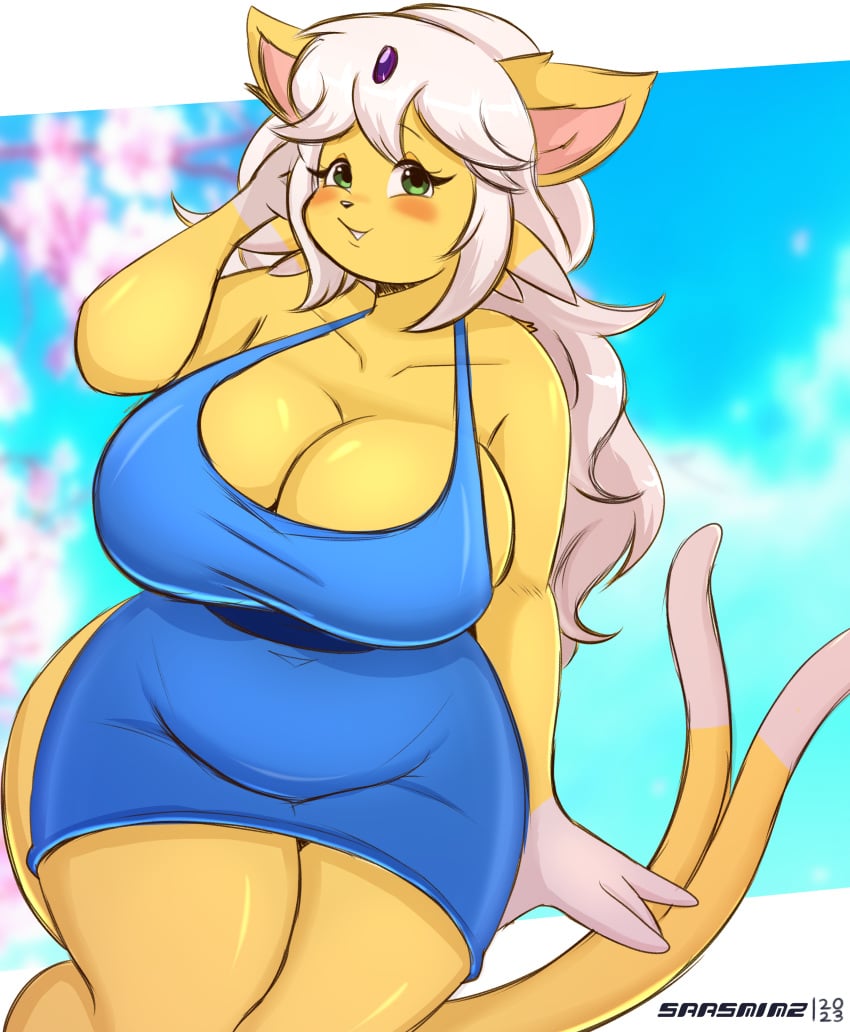 1girls 2023 absurd_res anthro big_breasts blush breasts cleavage clothed clothing dress eeveelution espeon female female_only generation_2_pokemon huge_breasts looking_at_viewer nintendo pokemon pokemon_(species) pokemorph saasmimz smiling smiling_at_viewer solo yellow_body