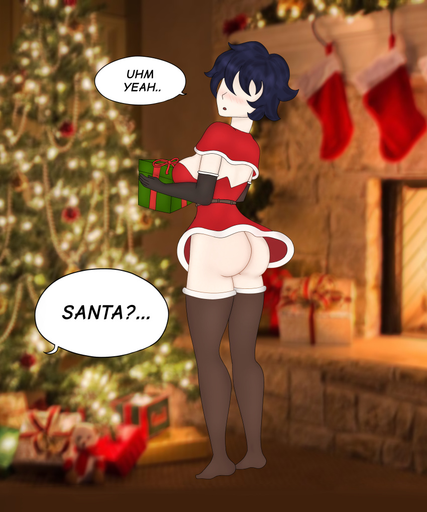 big_ass big_breasts blue_hair christmas christmas_outfit christmas_tree comic eyes_covered from_behind full_body gift gloves oc original_character pewnyart short_hair showing_ass socks