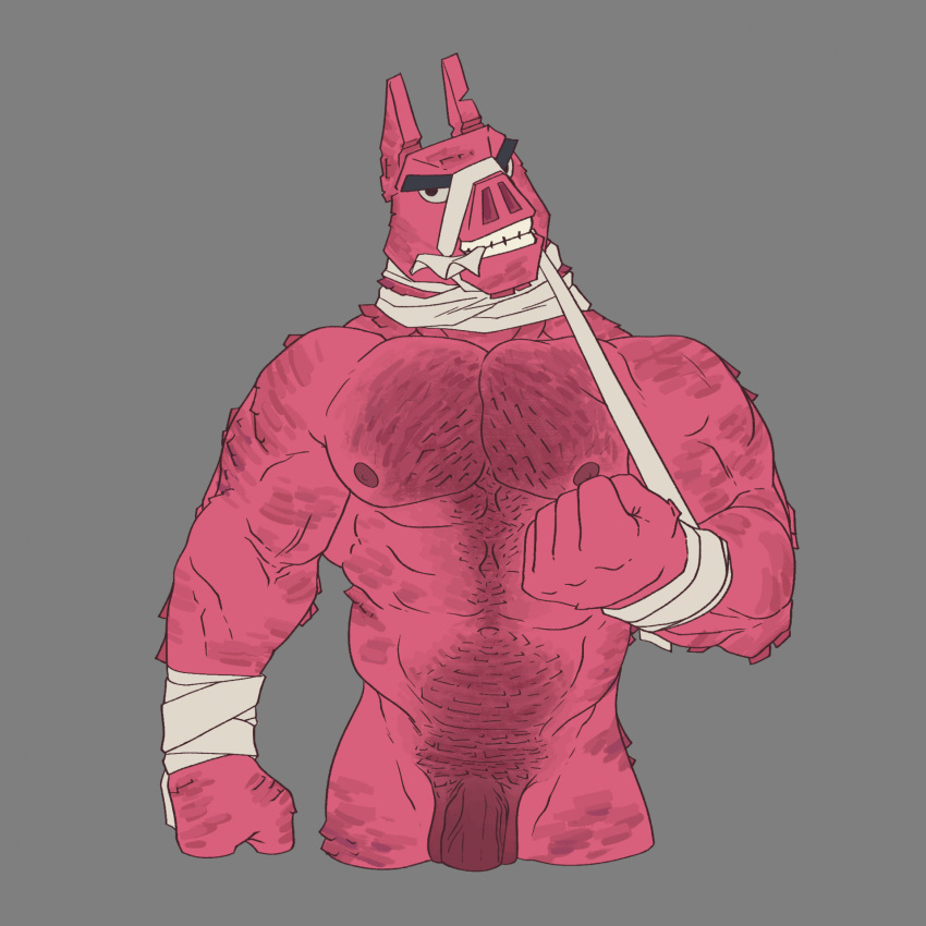 abs animate_inanimate anthro bandage bandaged_arm bandaged_leg bandaged_neck body_hair camelid chest_hair citrine_lion clenched_teeth cut_ear epic_games fortnite fur half_body hi_res living_pinata llama looking_at_viewer lt._john_llama male male_only mammal muscular muscular_anthro muscular_arms muscular_male navel nipples pecs pinata pink_body pink_fur pink_nipples pubes solo teeth tufted_fur