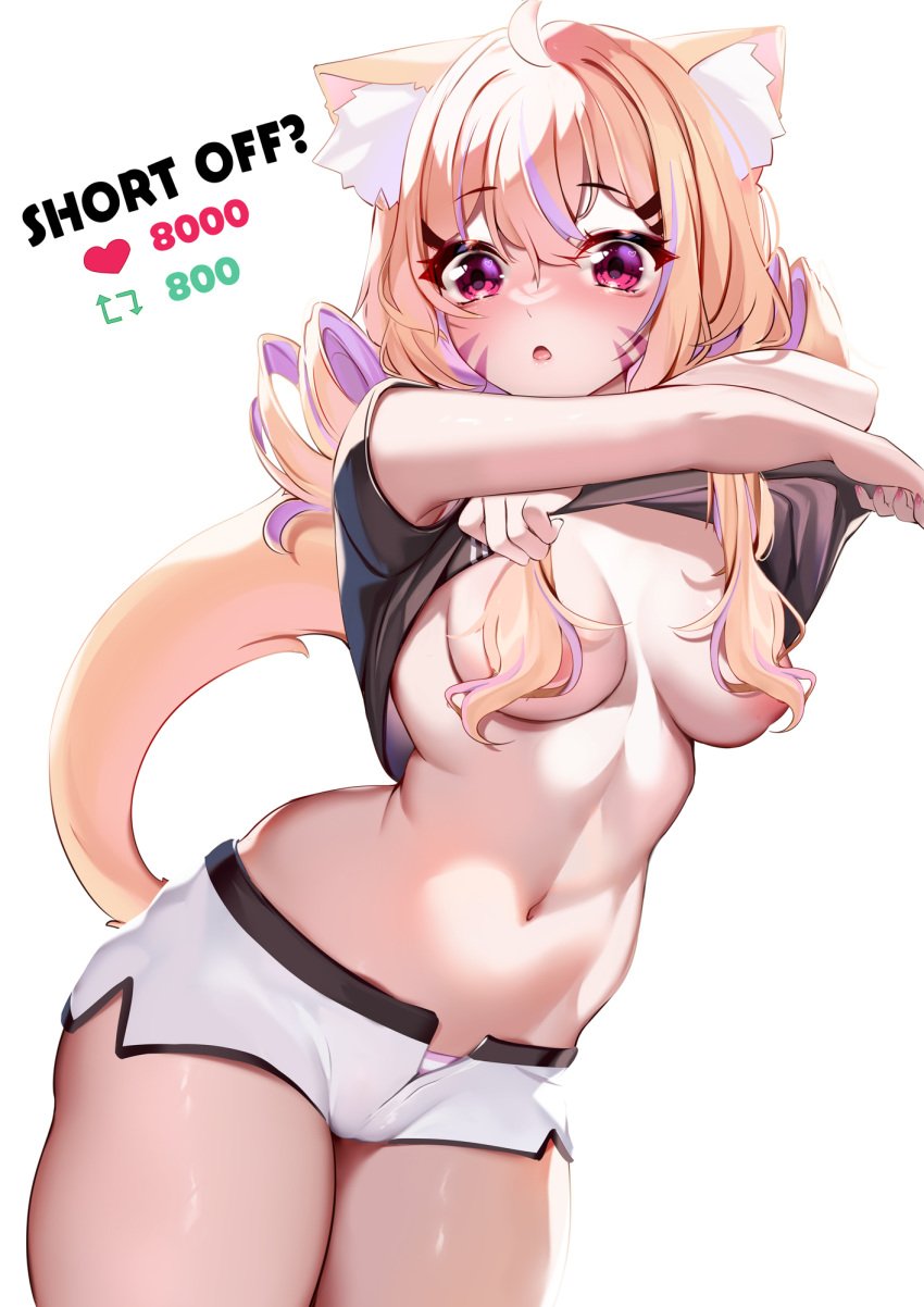 1girls animal_ears belly_button blonde_hair cat_ears cat_tail catgirl english_text face_markings female female_only light-skinned_female light_skin pink_eyes red_eyes solo squchan squchan_(vtuber) strip_game tail text virtual_youtuber vtuber vyugen