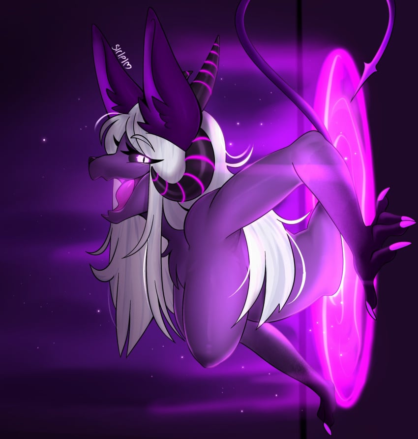 black_nipples demon female furry ghost hair hi_res horn hybrid lips looking_at_viewer nipples portal purple_body purple_lips siripim111 smile solo spirit wall_(structure) white_hair