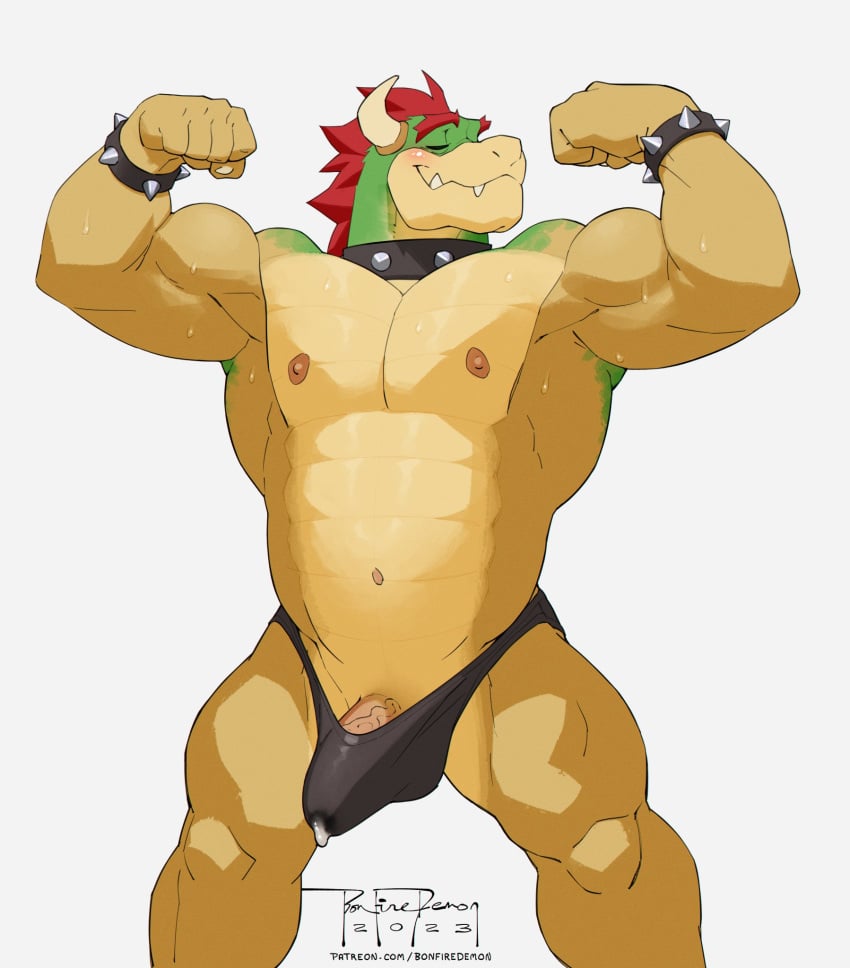 anthro bonfiredemon bowser erection flexing genitals hi_res horn koopa male male_only mario_(series) muscular muscular_male nintendo penis scalie solo tenting vein veiny_penis