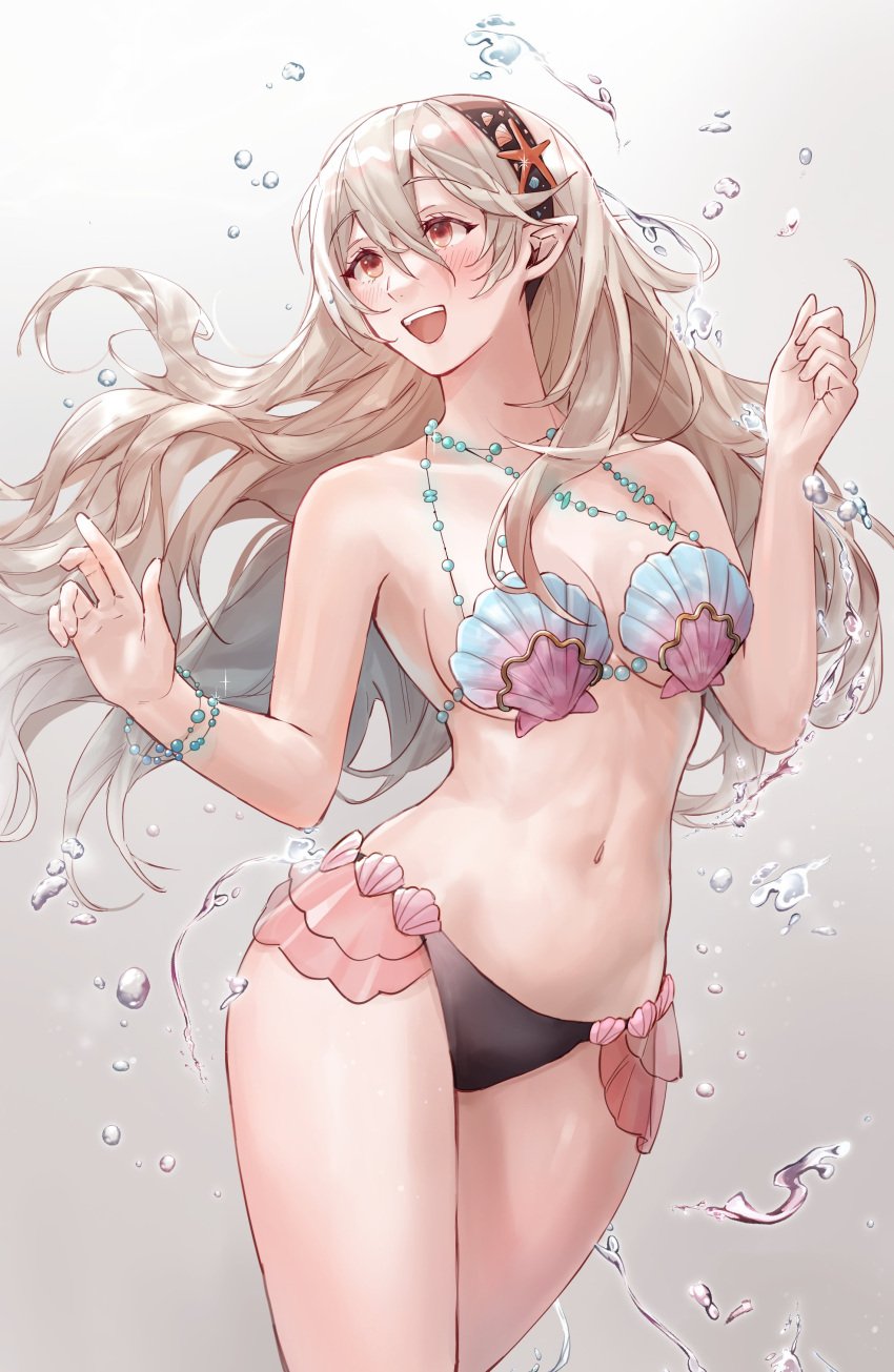 1girls absurdres alternate_costume bangs bare_thighs bikini black_hairband blonde_hair blush bracelet breasts cleavage commentary corrin_(fire_emblem) corrin_(fire_emblem)_(female) corrin_(summer)_(fire_emblem)_(female) female female_only fire_emblem fire_emblem_cipher fire_emblem_fates floating_hair grey_hair hair_between_eyes hairband hartman_hips highres long_hair looking_away medium_breasts midriff navel nintendo official_alternate_costume open_mouth pointy_ears red_eyes shell shell_bikini smile sobasakuhin solo starfish starfish_hair_ornament stomach swimsuit teeth thighs upper_teeth video_game video_game_character video_games water