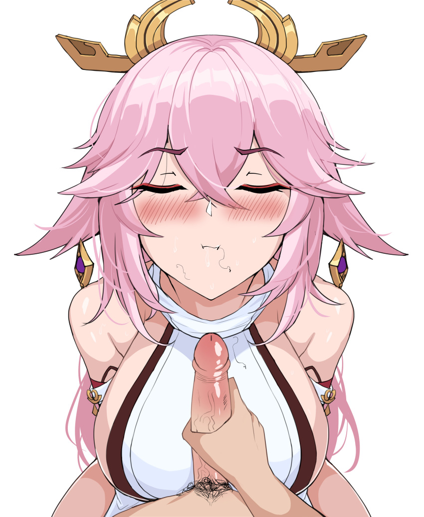 1boy 1girls adorable aether_(genshin_impact) animal_ears big_breasts blush closed_eyes cute drogod_(artist) earrings erection female genshin_impact hair_ornament hi_res highres large_breasts male penis pink_hair pubic_hair stray_pubic_hair swallowing swallowing_after_fellatio swallowing_cum voluptuous yae_miko