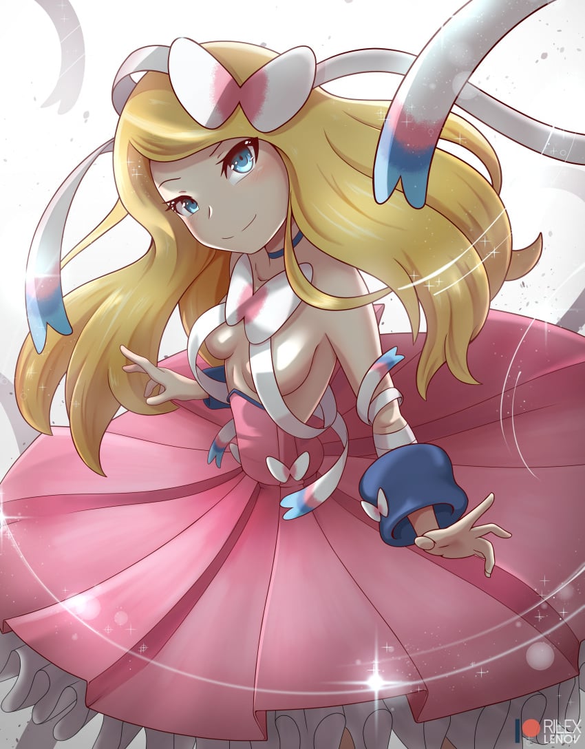 blonde_hair blue_eyes bracelet breasts choker cosplay dress exposed_breasts eyelashes female hair hair_ribbon looking_at_viewer nintendo pokemon pokemon_(cosplay) ribbons rilex_lenov serena_(pokemon) smile solo sylveon_(cosplay) wrist_ribbon