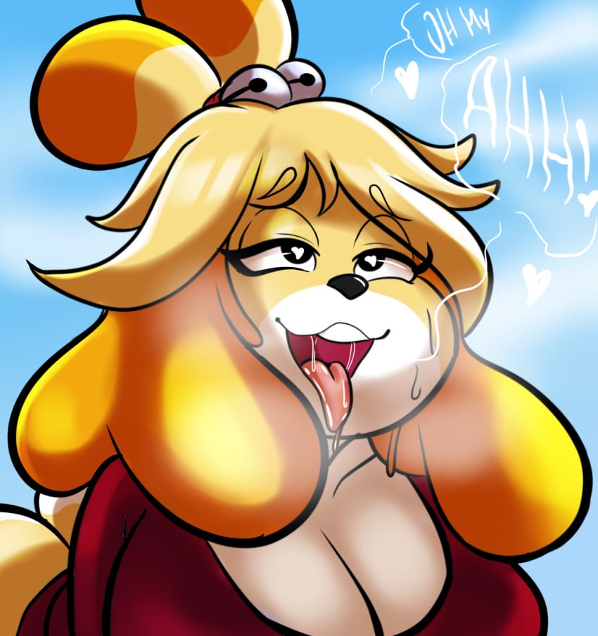 2021 ahe_gao animal_crossing anthro big_breasts black_nose bodily_fluids breasts canid canine canis clothing domestic_dog female heart isabelle_(animal_crossing) looking_pleasured mammal nathanatwar nintendo open_mouth saliva shih_tzu solo text tongue tongue_out toy_dog video_games whateverdoes