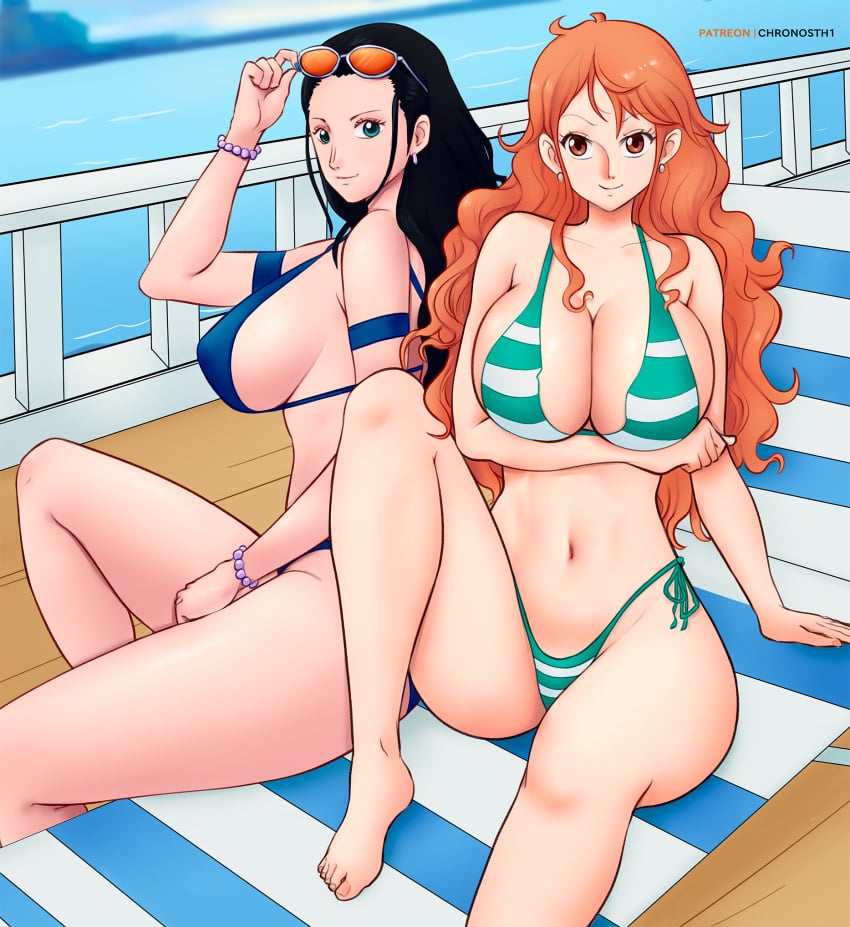 2girls ass big_ass big_breasts bikini black_hair breasts chronosth1 eyewear_on_head female female_only glasses gummslime long_hair looking_at_viewer nami nico_robin one_piece orange_hair post-timeskip striped_bikini sunglasses_on_head swimsuit