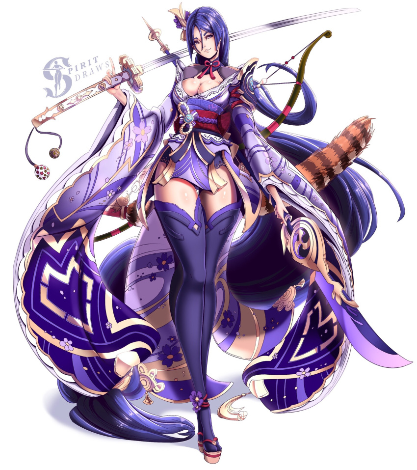 1girls big_breasts cleavage cosplay crossover dress fate/grand_order fate_(series) female female_only genshin_impact light-skinned_female minamoto_no_raikou_(fate/grand_order) purple_hair raiden_shogun raikou solo spiritdraws sword thick_thighs