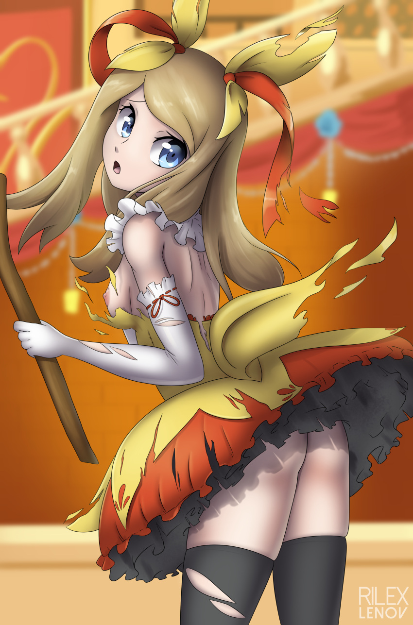 ass blue_eyes braixen_(cosplay) breasts cosplay detailed_background dress elbow_gloves eyelashes female hair holding_object looking_at_viewer open_mouth pokemon pokemon_(cosplay) ribbon rilex_lenov serena_(pokemon) stick thighhighs torn_clothes