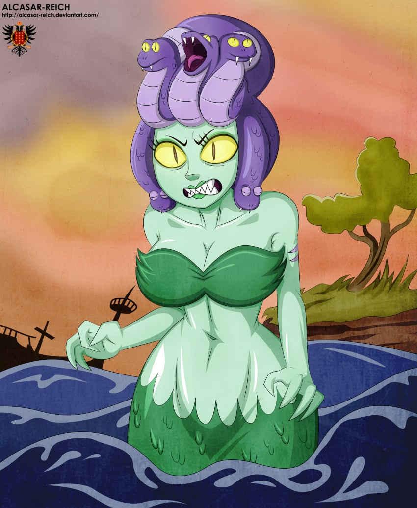 abs alcasar-reich angry big_ass big_breasts cala_maria cuphead_(game) curvaceous curvy fangs fit gorgon green_skin huge_ass huge_breasts large_ass large_breasts medusa mermaid scar wide_hips