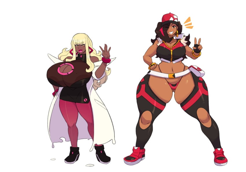 2girls amber_(carmessi) ass_visible_through_thighs ass_vs_breasts blonde_hair bottom_heavy breast_size_difference butt_size_difference carmessi chaps cleavage dark-skinned_female earrings edit gala huge_ass huge_breasts hyper hyper_ass hyper_breasts lipstick looking_at_viewer milf multiple_girls parody peace_sign pokemon slutty_outfit squish thigh_squish thong top_heavy wide_hips wink winking_at_viewer