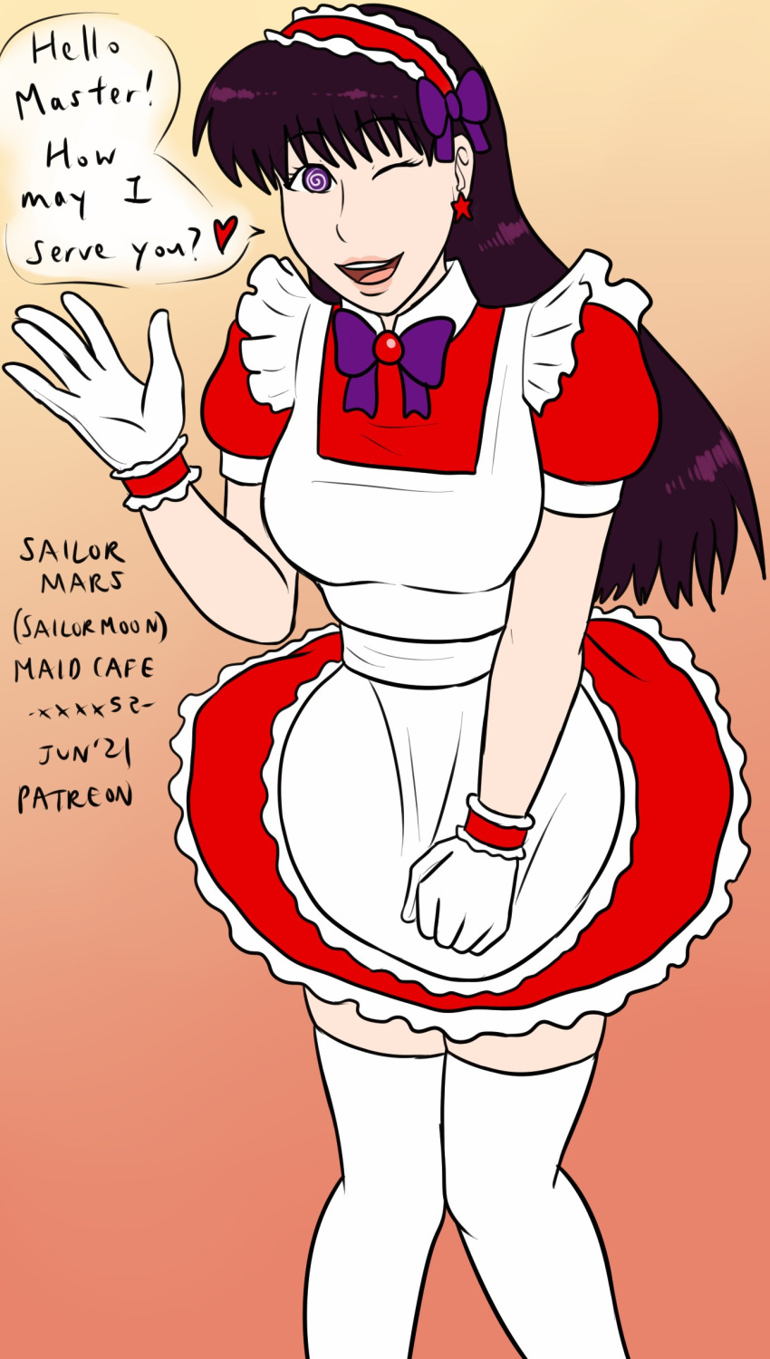 1girls apron big_breasts bishoujo_senshi_sailor_moon black_hair bowtie clothing color gloves hypnosis hypnotic_eyes light-skinned_female light_skin long_hair maid maid_apron maid_headdress maid_uniform mentioned_master mind_control purple_eyes red_dress rei_hino simple_background solo stockings text thick_thighs white_skin xxxx52