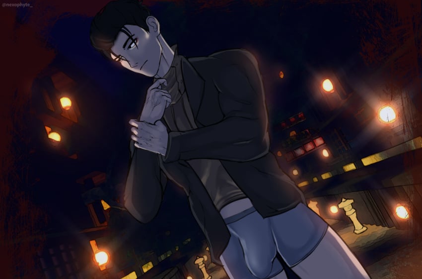 1boy black_eyes black_hair black_jacket brown_jacket bulge gay grey_underwear looking_to_the_side male male_only nexophyte night outdoors outside roblox roblox_game robloxian self_upload solo solo_focus solo_male spotlight street the_mimic yaoi yasu_masashige