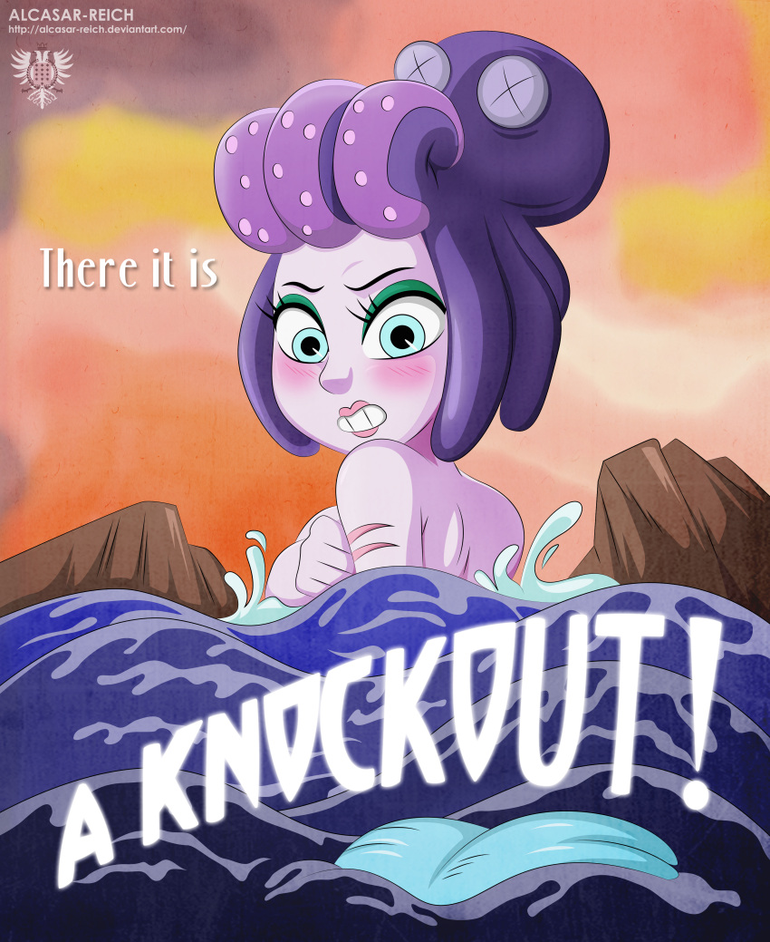 alcasar-reich bikini_malfunction blue_eyes blush cala_maria cuphead_(game) embarrassed exposed_breasts giantess hand_on_breast large_breasts lost_clothes mermaid mermaid_giantess purple_skin scar seashell_bra