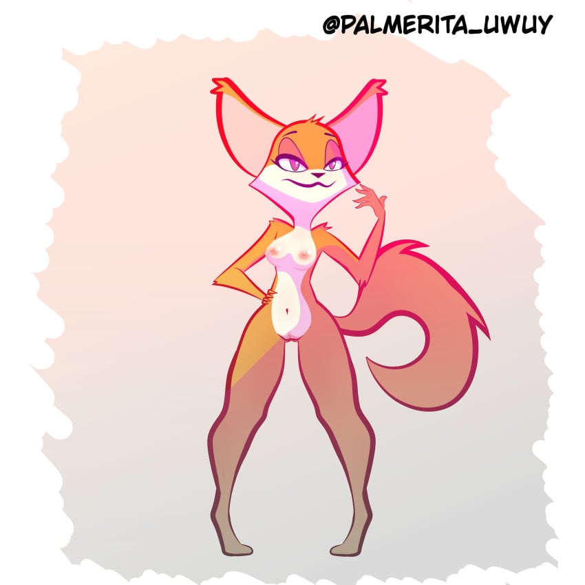 breasts female fox fur furry furry_only hi_res naked nipples nude orange_fur palmerita_uwuy pink_eyes pussy solo standing tail thigh_gap white_fur wide_hips