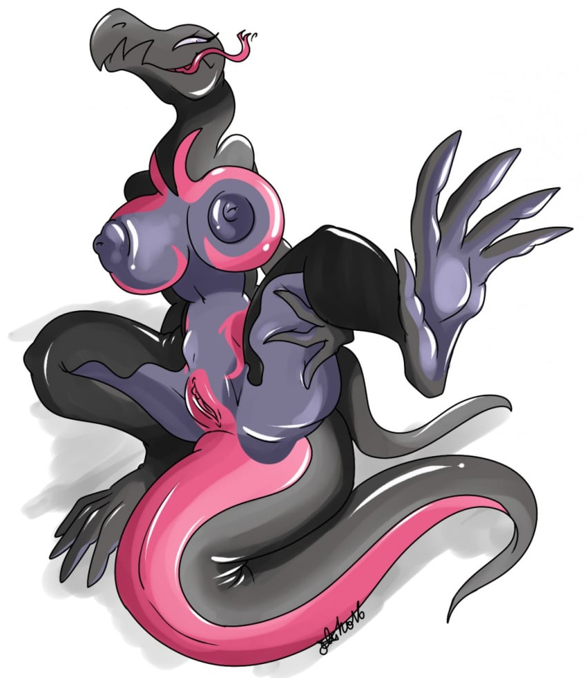 2016 breasts erect_nipples female large_breasts nelsonnoir nintendo nipples pokemon pokemon_(species) pokemon_sm pussy salazzle scalie solo tail tongue_out