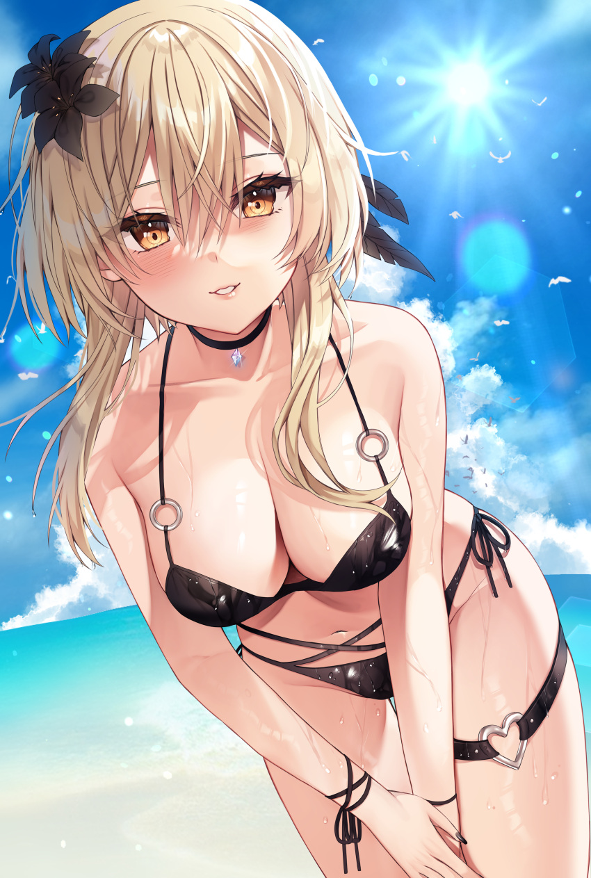 beach bent_over big_breasts bikini black_bikini blonde_hair blush breasts choker cleavage genshin_impact heart hi_res human lips looking_at_viewer lumine_(genshin_impact) nail_polish ocean pale-skinned_female pale_skin sky smile summer sunlight thigh_strap vitaminechan wet yellow_eyes