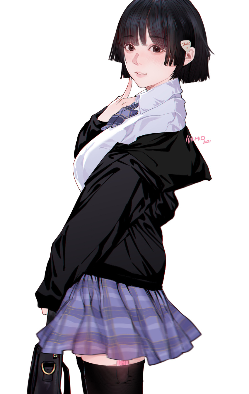 bag bangs black_hair black_jacket black_legwear blue_bow blue_bowtie blue_skirt blush bow bowtie collared_shirt cowboy_shot egg_vibrator eyebrows_visible_through_hair female female from_side hand_up highres hitomi_o holding holding_bag jacket long_sleeves looking_at_viewer looking_to_the_side miniskirt off_shoulder open_clothes open_jacket original parted_lips pleated_skirt plectrum sex_toy shirt short_hair simple_background skirt solo standing thighhighs vibrator vibrator_in_thighhighs white_background white_shirt zettai_ryouiki