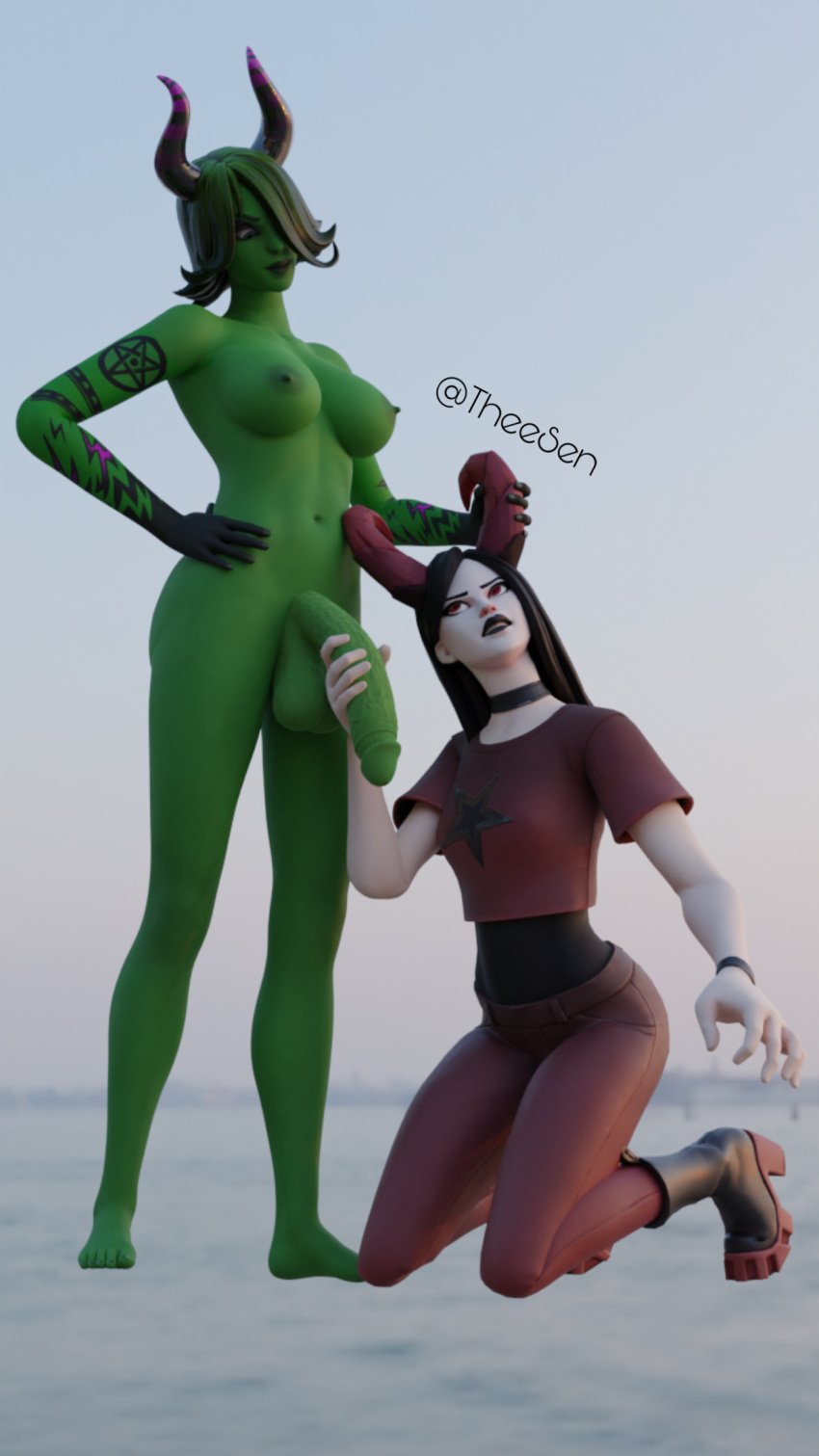 1futa 1girls 3d big_ass big_balls big_breasts big_penis bracelet breasts choker clothed clothing demon demon_girl demon_haze_(fortnite) demon_horns female fortnite fully_clothed fully_clothed_female futa_on_female futanari grabbing_horn hand_on_hip handjob haze_(fortnite) holding_penis horns huge_cock looking_at_partner monster_girl nude nude_futanari ravina_(fortnite) rough_sex satanic self_upload theesen