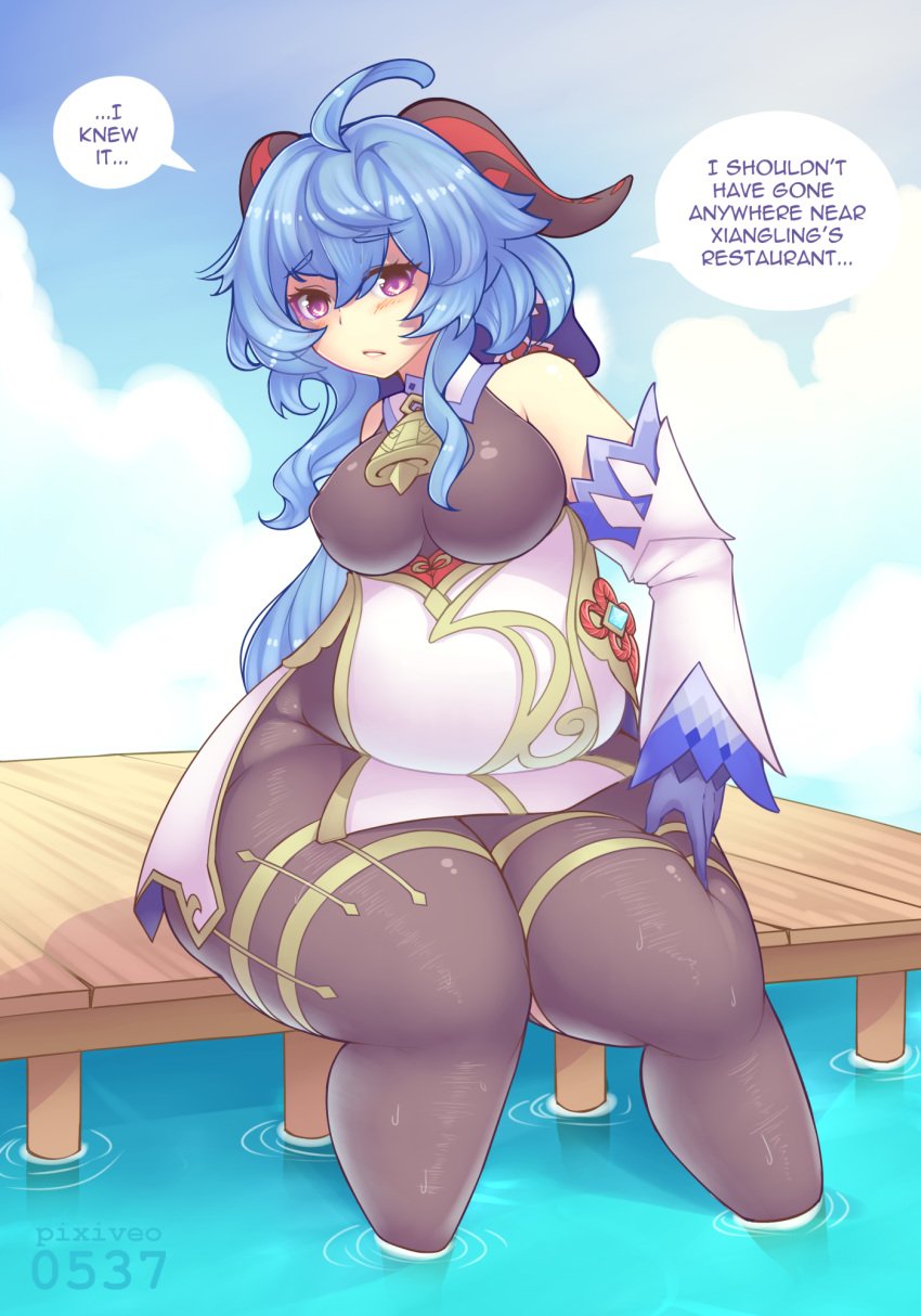 bell big_belly big_thighs blue_hair chubby ganyu_(genshin_impact) genshin_impact gloves horns leggings pink_eyes pixiveo shoulders text_bubble thick_thighs weight_gain