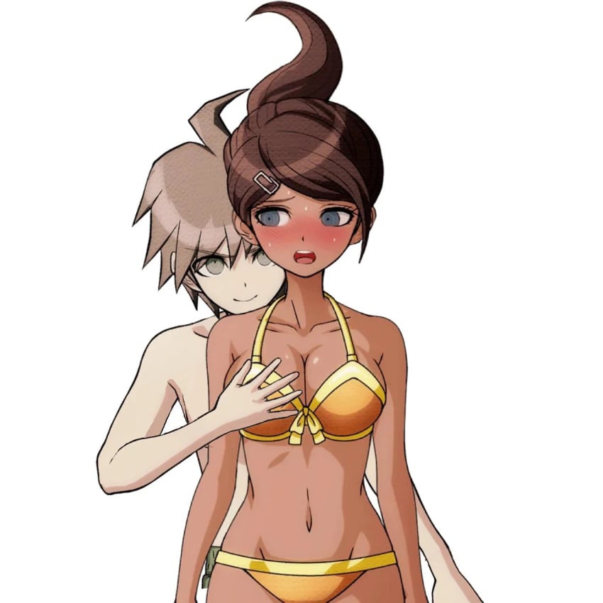 1boy 1girls 2022 ahoge asahina_aoi big_breasts bikini blue_eyes blush blushing breast_grab brown_eyes brown_hair clothing danganronpa danganronpa:_trigger_happy_havoc danganronpa_s:_ultimate_summer_camp dark_brown_hair edit edited embarrassed female hairclip large_breasts light-skinned_male male male/female naegi_makoto open_mouth pale-skinned_male seasoned-salami smile smiling sprite sprite_art straight straight_hair sweat sweating tanned tanned_female tanned_girl tanned_skin white_background